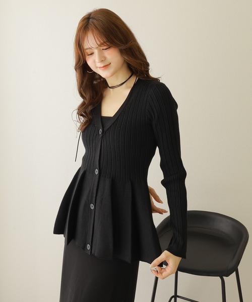 v neck peplum cardigan /Vネック フレア ペプラム リブ ニット
