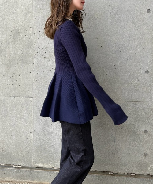 v neck peplum cardigan /Vネック フレア ペプラム リブ ニット