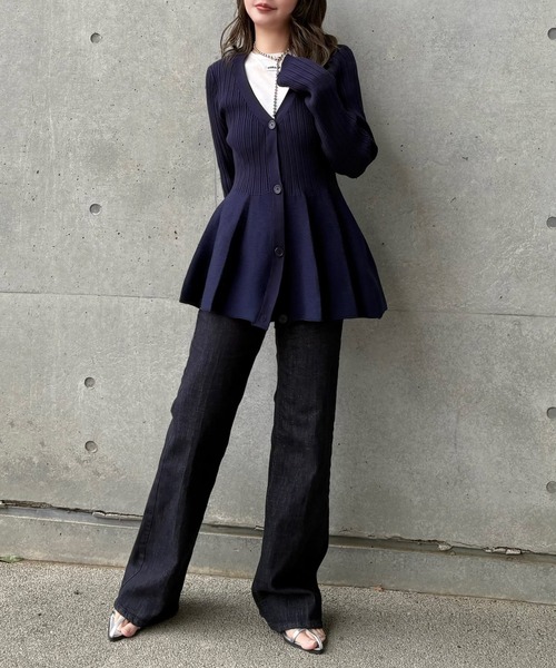 v neck peplum cardigan /Vネック フレア ペプラム リブ ニット