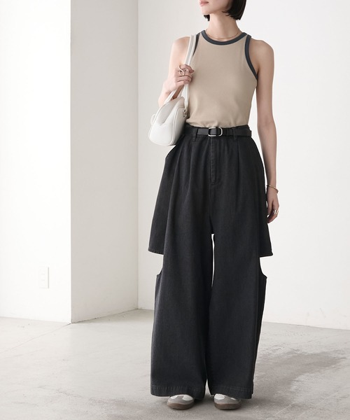【MM】カットアウトディテール ジーンズ☆SALE中 forksy.】カットアウト ドッキング ワイドデニムパンツ forksy