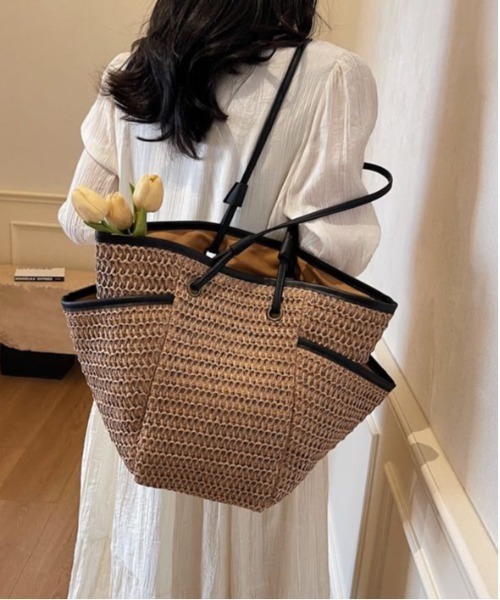 セール】ストローメッシュ配色バインダーショルダーカゴバッグ