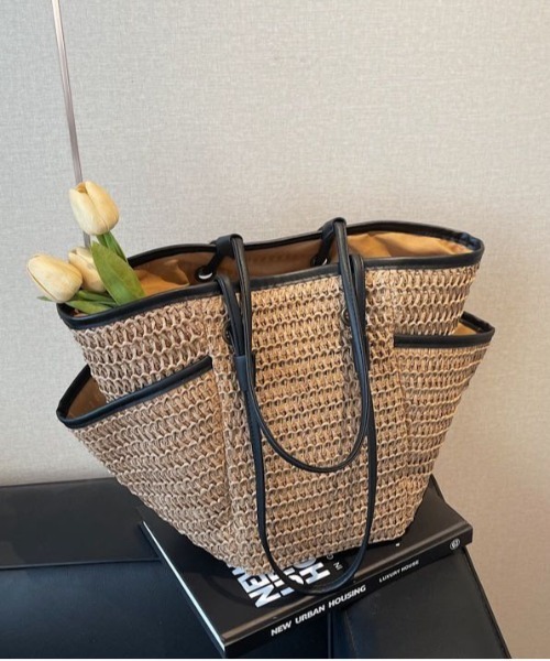 セール】ストローメッシュ配色バインダーショルダーカゴバッグ