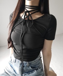 【 2color 】クロスストラップロングチョーカー半袖リボントップス / cross strap long choker short sleeve ribbon tops