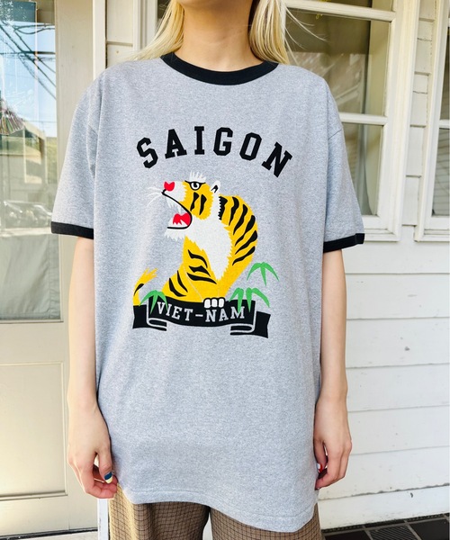 HOUSTON(ヒューストン)の「HOUSTON / RINGER TEE(TIGER) / 22304(Tシャツ/カットソー・レディース・グレー/ブラック/ネイビー・X-LARGE)」の1枚目の写真
