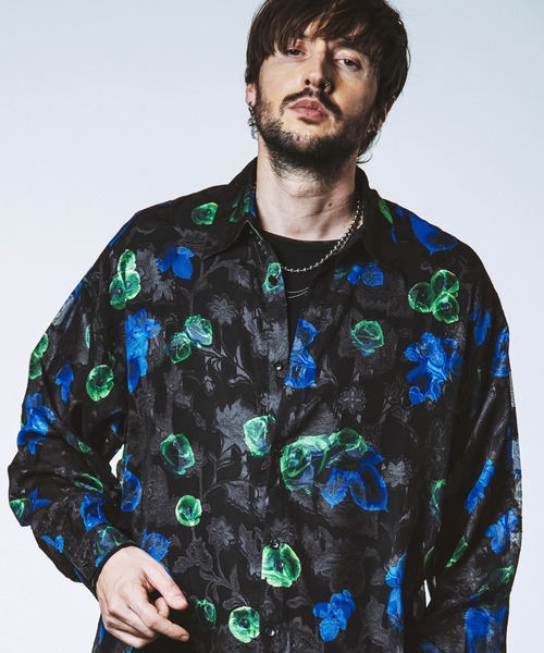 NO ID.（ノーアイディ）の「【NO ID.】Sheer Flower Big Shirt / シアー フラワー ビッグ シャツ（Tシャツ/カットソー・メンズ・ホワイト/グリーン/ブラック・ONE SIZE）」の3枚目の写真