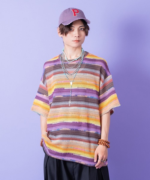 a.p.o.v.(エーピーオービー)の「a.p.o.v. レトロマルチボーダーメッシュ編みニットTシャツ(Tシャツ/カットソー・メンズ・ピンク/パープル/ブラック・ONESIZE)」の2枚目の写真