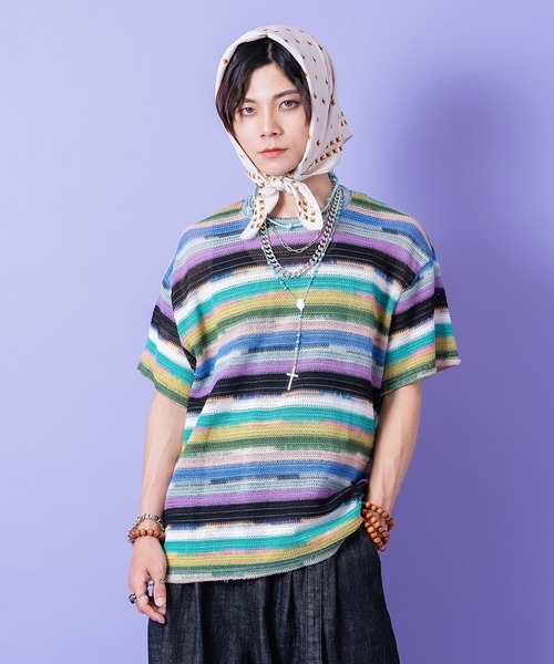 a.p.o.v.(エーピーオービー)の「a.p.o.v. レトロマルチボーダーメッシュ編みニットTシャツ(Tシャツ/カットソー・メンズ・ピンク/パープル/ブラック・ONESIZE)」の1枚目の写真