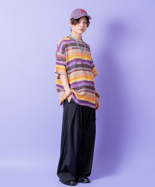 a.p.o.v.(エーピーオービー)の「a.p.o.v. レトロマルチボーダーメッシュ編みニットTシャツ(Tシャツ/カットソー・メンズ・ピンク/パープル/ブラック・ONESIZE)」の7枚目の写真
