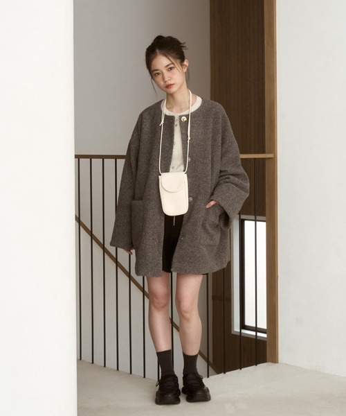 ノーカラーボアミドルコート（ノーカラーコート）｜moi tytto