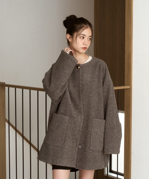 moi tytto ノーカラーボアミドルコート　チャコールグレー ノーカラーボアミドルコート（ノーカラーコート）｜moi tytto