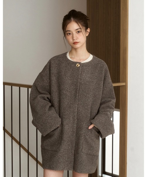 moi tytto ノーカラーボアミドルコート　チャコールグレー ノーカラーボアミドルコート（ノーカラーコート）｜moi tytto