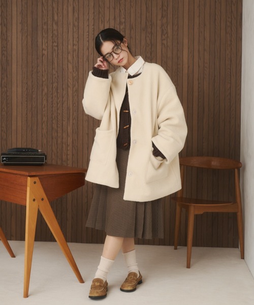 ノーカラーボアミドルコート（ノーカラーコート）｜moi tytto