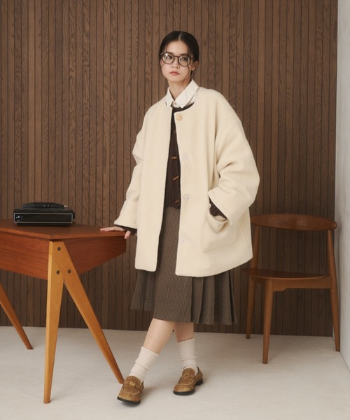 moi tytto ノーカラーボアミドルコート アイボリー ノーカラーボアミドルコート（ノーカラーコート）｜moi tytto