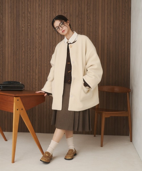 ノーカラーボアミドルコート（ノーカラーコート）｜moi tytto