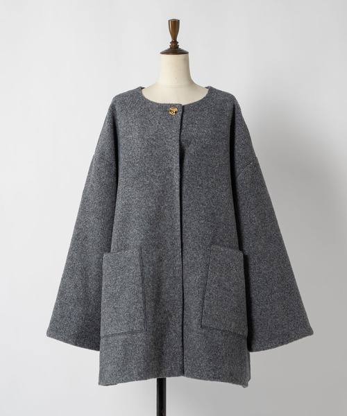 moi tytto ノーカラーボアミドルコート　チャコールグレー ノーカラーボアミドルコート（ノーカラーコート）｜moi tytto