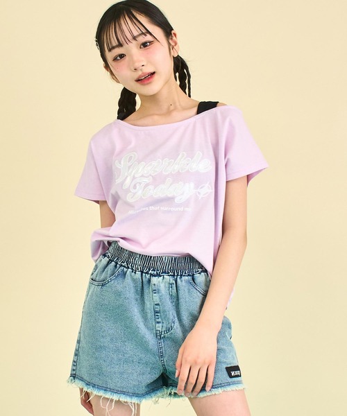 ANNARITA N 売れ筋商品|||アナリタエヌ Tシャツ トップス レディース Tops Pink セール】アシンメトリー 肩アキ オーロラ ワッペン Tシャツ