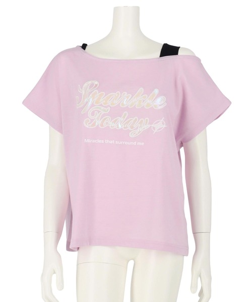 ANNARITA N 売れ筋商品|||アナリタエヌ Tシャツ トップス レディース Tops Pink セール】アシンメトリー 肩アキ オーロラワッペン Tシャツ