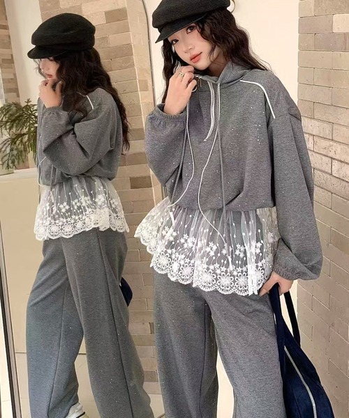 [韓国] セットアップ ハーフジップ トップス × パンツ 全3color セール】【CANVAS+】ラメハーフジップ裾レーストップス×パンツ