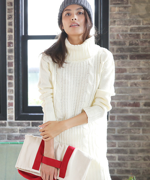 Luz Llena (philter)（ラズレナ　フィルター）の「オフタートルケーブル編ニットチュニック/ワンピース（ワンピース・レディース・オフホワイト/ブラック/グレー/ベージュ/ピンク・MEDIUM/LARGE）」の3枚目の写真