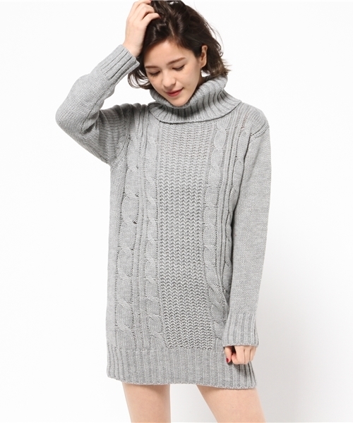 Luz Llena (philter)（ラズレナ　フィルター）の「オフタートルケーブル編ニットチュニック/ワンピース（ワンピース・レディース・オフホワイト/ブラック/グレー/ベージュ/ピンク・MEDIUM/LARGE）」の4枚目の写真