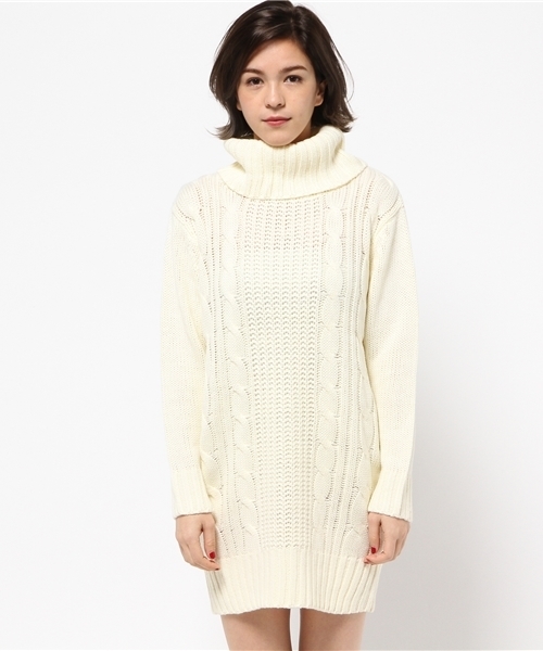 Luz Llena (philter)（ラズレナ　フィルター）の「オフタートルケーブル編ニットチュニック/ワンピース（ワンピース・レディース・オフホワイト/ブラック/グレー/ベージュ/ピンク・MEDIUM/LARGE）」の9枚目の写真