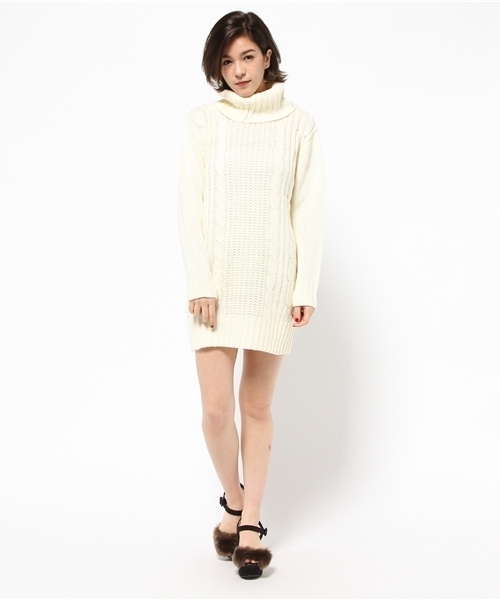 Luz Llena (philter)（ラズレナ　フィルター）の「オフタートルケーブル編ニットチュニック/ワンピース（ワンピース・レディース・オフホワイト/ブラック/グレー/ベージュ/ピンク・MEDIUM/LARGE）」の12枚目の写真