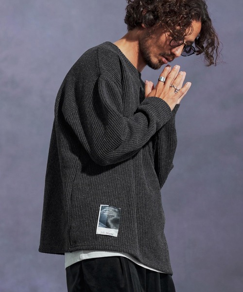 Jih Nunc（ジーヌンク）の「mn3149-畔編みウールMIXニットソー（ニット/セーター・メンズ・チャコール/オートミール/ブラック・L/M/S）」の3枚目の写真
