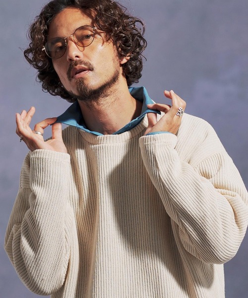 Jih Nunc（ジーヌンク）の「mn3149-畔編みウールMIXニットソー（ニット/セーター・メンズ・チャコール/オートミール/ブラック・L/M/S）」の4枚目の写真