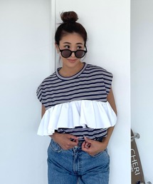 CHERI since1985（シェリ）の「ボーダーフリルノースリーブＴシャツ（Tシャツ/カットソー）」