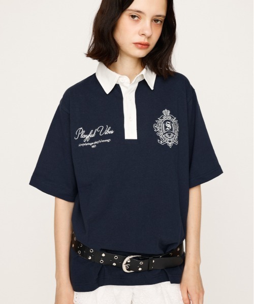 SLY(スライ)の「OVERSIZE EMBROIDERY RUGBY T/SH オーバーサイズ エンブロイダリー ラグビー Tシャツ 秋服 半袖 夏服(ポロシャツ・レディース・ネイビー/ホワイト/ライトブラック/ライトイエロー・FREE)」の3枚目の写真