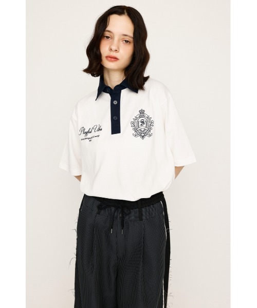 SLY(スライ)の「OVERSIZE EMBROIDERY RUGBY T/SH オーバーサイズ エンブロイダリー ラグビー Tシャツ 秋服 半袖 夏服(ポロシャツ・レディース・ネイビー/ホワイト/ライトブラック/ライトイエロー・FREE)」の8枚目の写真