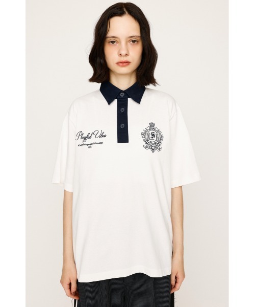SLY(スライ)の「OVERSIZE EMBROIDERY RUGBY T/SH オーバーサイズ エンブロイダリー ラグビー Tシャツ 秋服 半袖 夏服(ポロシャツ・レディース・ネイビー/ホワイト/ライトブラック/ライトイエロー・FREE)」の9枚目の写真