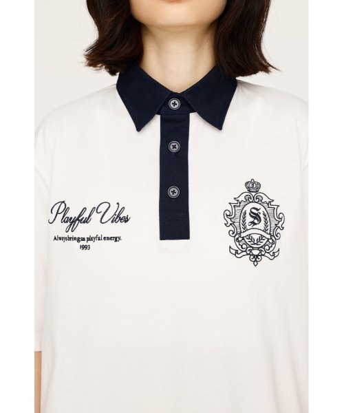 SLY(スライ)の「OVERSIZE EMBROIDERY RUGBY T/SH オーバーサイズ エンブロイダリー ラグビー Tシャツ 秋服 半袖 夏服(ポロシャツ・レディース・ネイビー/ホワイト/ライトブラック/ライトイエロー・FREE)」の10枚目の写真