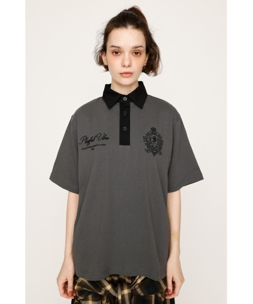 SLY(スライ)の「OVERSIZE EMBROIDERY RUGBY T/SH オーバーサイズ エンブロイダリー ラグビー Tシャツ 秋服 半袖 夏服(ポロシャツ・レディース・ネイビー/ホワイト/ライトブラック/ライトイエロー・FREE)」の13枚目の写真