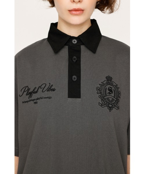 SLY(スライ)の「OVERSIZE EMBROIDERY RUGBY T/SH オーバーサイズ エンブロイダリー ラグビー Tシャツ 秋服 半袖 夏服(ポロシャツ・レディース・ネイビー/ホワイト/ライトブラック/ライトイエロー・FREE)」の14枚目の写真