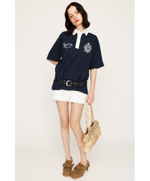 SLY(スライ)の「OVERSIZE EMBROIDERY RUGBY T/SH オーバーサイズ エンブロイダリー ラグビー Tシャツ 秋服 半袖 夏服(ポロシャツ・レディース・ネイビー/ホワイト/ライトブラック/ライトイエロー・FREE)」の16枚目の写真