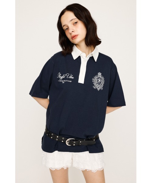 SLY(スライ)の「OVERSIZE EMBROIDERY RUGBY T/SH オーバーサイズ エンブロイダリー ラグビー Tシャツ 秋服 半袖 夏服(ポロシャツ・レディース・ネイビー/ホワイト/ライトブラック/ライトイエロー・FREE)」の15枚目の写真