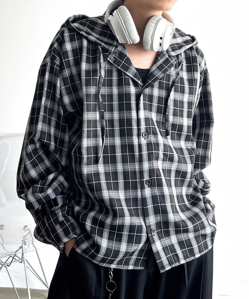 MandO（Auntie Rosa）（エムオー）の「オーバーチェックシャツフーディ（シャツ/ブラウス・メンズ・ブラック/ブルー・LARGE/MEDIUM）」の3枚目の写真