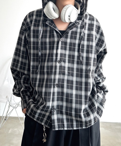 MandO（Auntie Rosa）（エムオー）の「オーバーチェックシャツフーディ（シャツ/ブラウス・メンズ・ブラック/ブルー・LARGE/MEDIUM）」の6枚目の写真