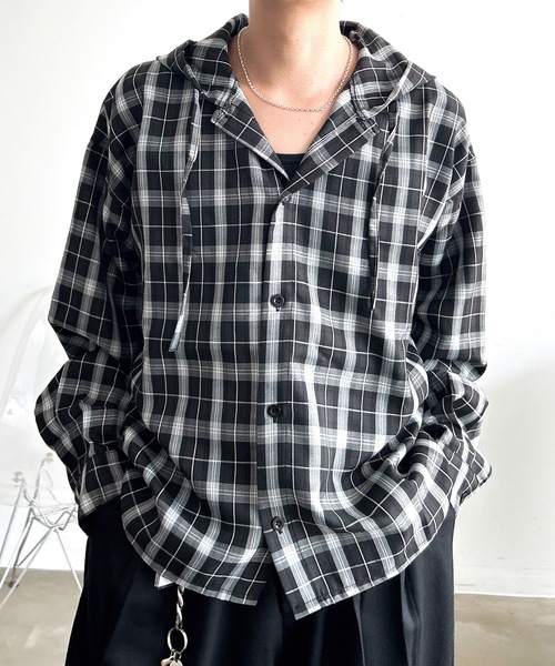 MandO（Auntie Rosa）（エムオー）の「オーバーチェックシャツフーディ（シャツ/ブラウス・メンズ・ブラック/ブルー・LARGE/MEDIUM）」の7枚目の写真