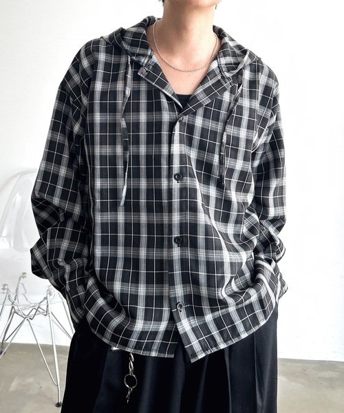 MandO（Auntie Rosa）（エムオー）の「オーバーチェックシャツフーディ（シャツ/ブラウス・メンズ・ブラック/ブルー・LARGE/MEDIUM）」の8枚目の写真