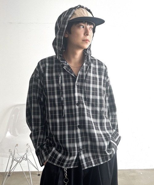 MandO（Auntie Rosa）（エムオー）の「オーバーチェックシャツフーディ（シャツ/ブラウス・メンズ・ブラック/ブルー・LARGE/MEDIUM）」の9枚目の写真