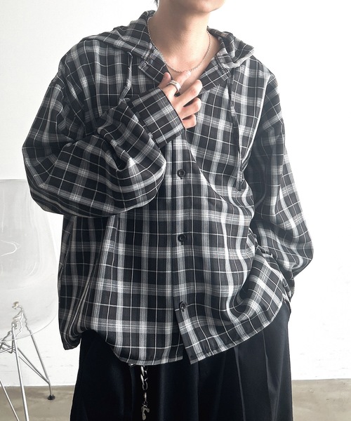 MandO（Auntie Rosa）（エムオー）の「オーバーチェックシャツフーディ（シャツ/ブラウス・メンズ・ブラック/ブルー・LARGE/MEDIUM）」の11枚目の写真