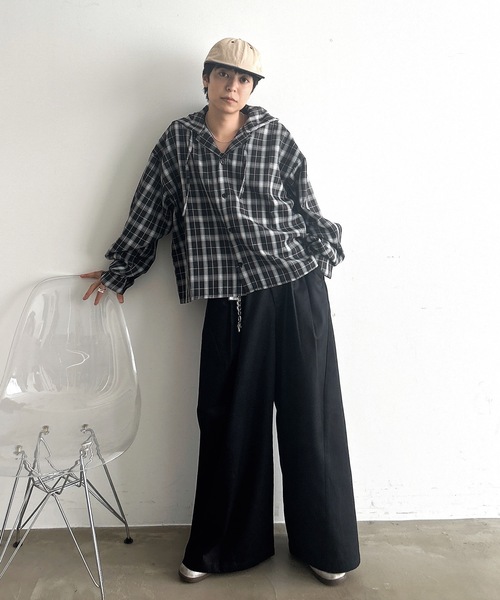 MandO（Auntie Rosa）（エムオー）の「オーバーチェックシャツフーディ（シャツ/ブラウス・メンズ・ブラック/ブルー・LARGE/MEDIUM）」の16枚目の写真