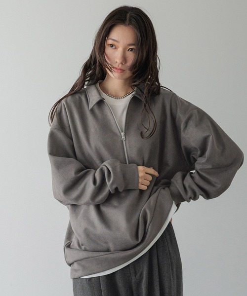 LOWRYS FARM（ローリーズファーム）の「【LFM(U)】スウェードライクＨＺＩＰポロ　 593465（Tシャツ/カットソー・メンズ・ブラウン/グレー/チャコールグレー・MEDIUM/LARGE）」の2枚目の写真