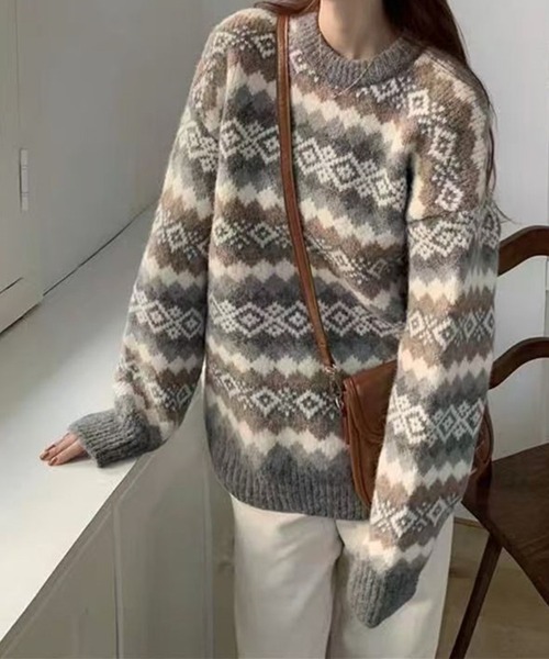 Lace Ladies（レースレディース）の「ノルディック柄 ラウンドネック リブ ニット プルオーバー（ニット/セーター・レディース・レッド/グレー/ブラック・FREE）」の3枚目の写真
