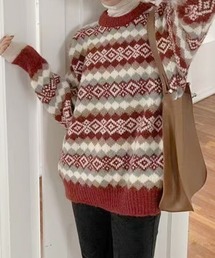 ノルディック柄 ラウンドネック リブ ニット プルオーバー