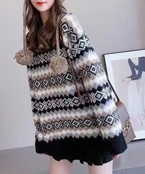 Lace Ladies（レースレディース）の「ノルディック柄 ラウンドネック リブ ニット プルオーバー（ニット/セーター・レディース・レッド/グレー/ブラック・FREE）」の5枚目の写真