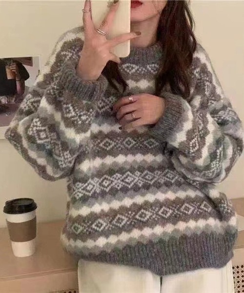 Lace Ladies（レースレディース）の「ノルディック柄 ラウンドネック リブ ニット プルオーバー（ニット/セーター・レディース・レッド/グレー/ブラック・FREE）」の10枚目の写真