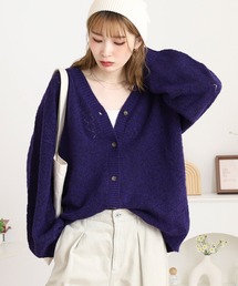ワンダフルワールド　紅葉モチーフ透かし編みカーディガン　パープル 透かし 柄編みカーディガン（カーディガン/ボレロ） | one